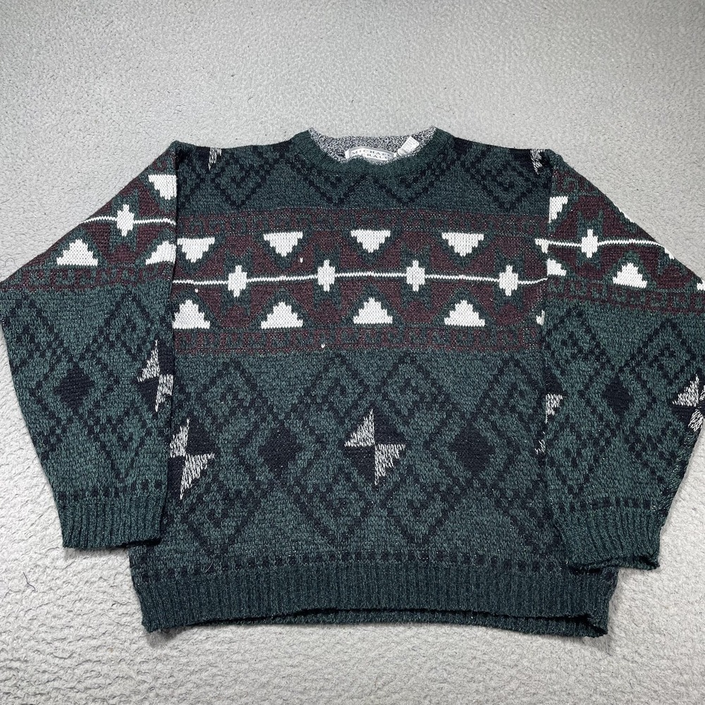 Vintage Michael Gerald Sweater Mens Large Green Aztec Knit Crewneck Pullover 90s